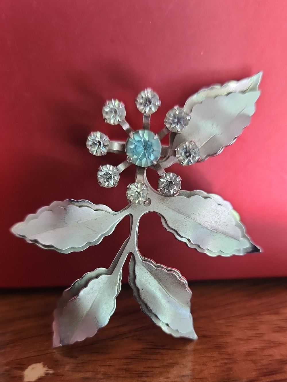 Silver Leaf and Crystal Floral Brooch - Light Blue Center